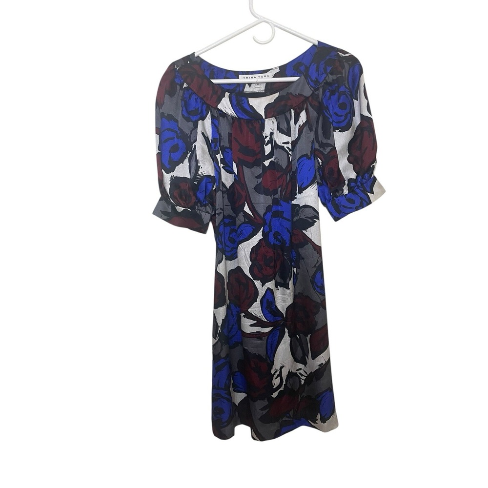 Trina Turk‎ Rose Print Silk Puff Sleeve Shift Dress Size 4 Floral EUC